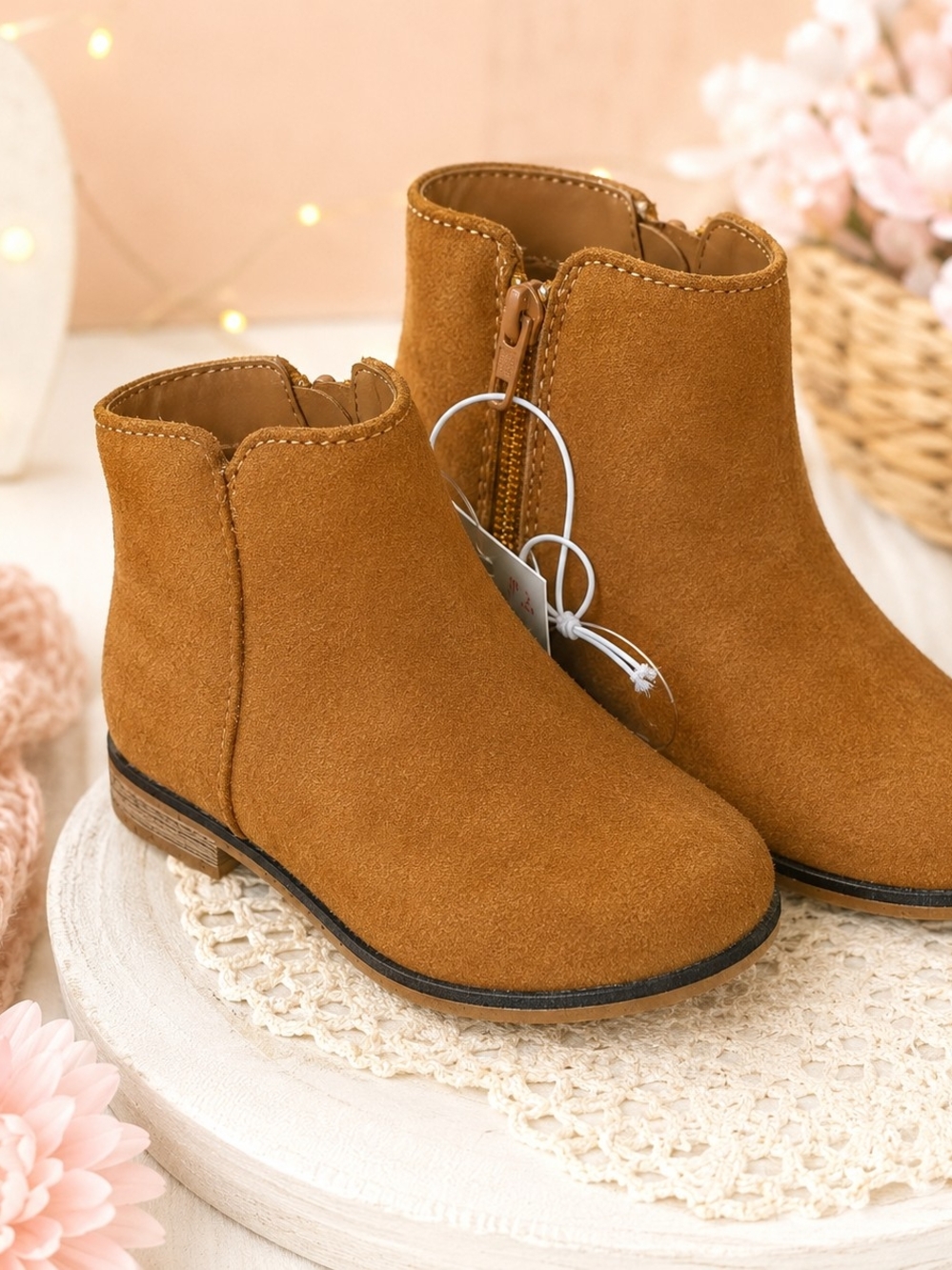 Girls' Penelope Cognac Faux Suede Ankle Boots - Side Zip - Size 10 - NWT